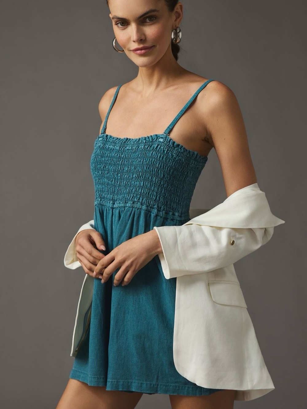 Anthropologie Teal Smocked Mini Romper